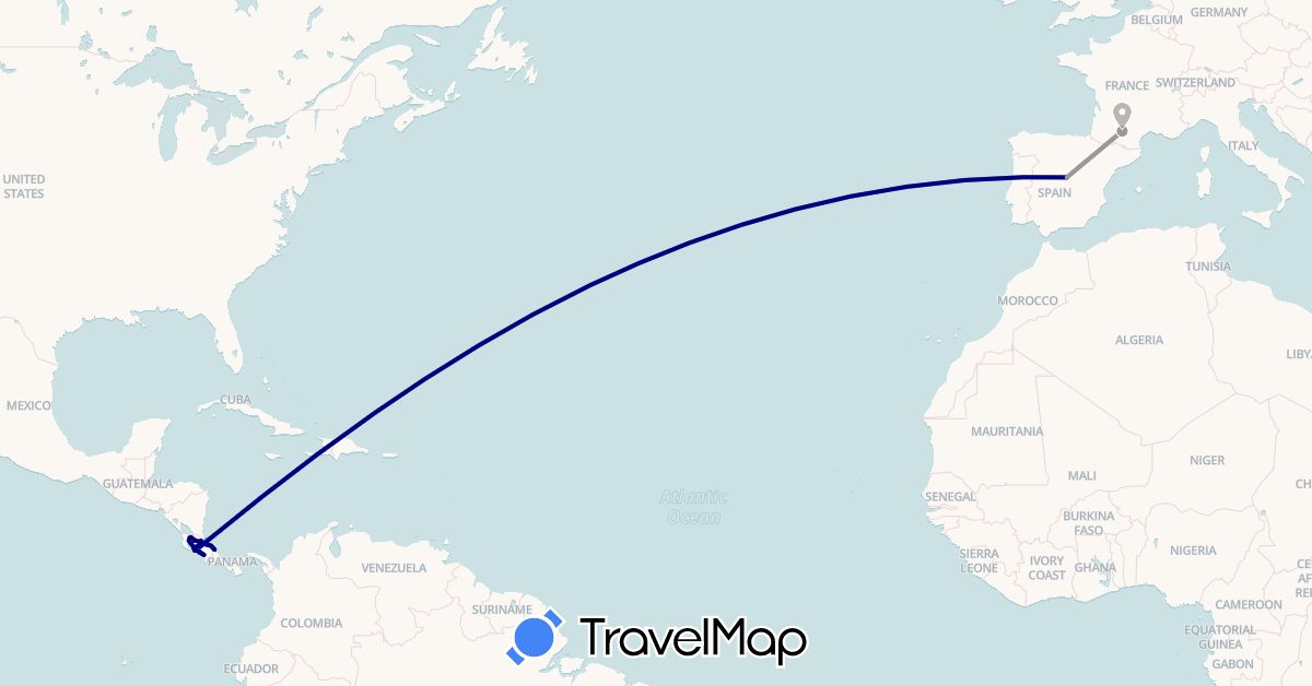 TravelMap itinerary: driving, plane, boat in Costa Rica, Spain, France (Europe, North America)